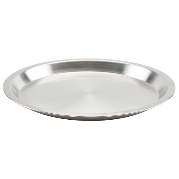 An American Metalcraft stainless steel pie pan with a round rim.