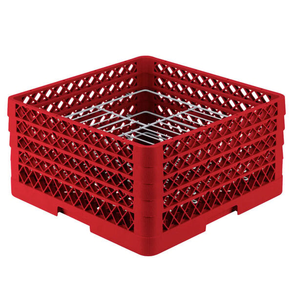 A red plastic Vollrath Traex plate rack with metal wire holders.