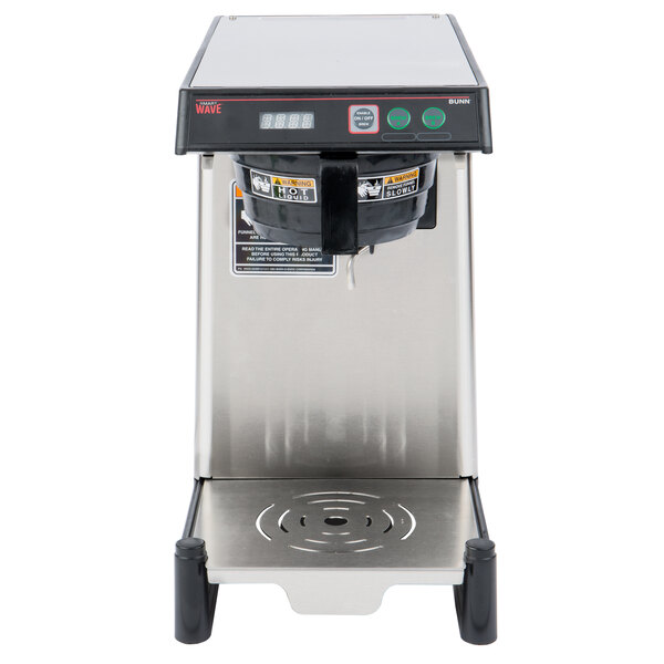 A Bunn SmartWAVE coffee and tea brewer with a stainless steel base on a tray.