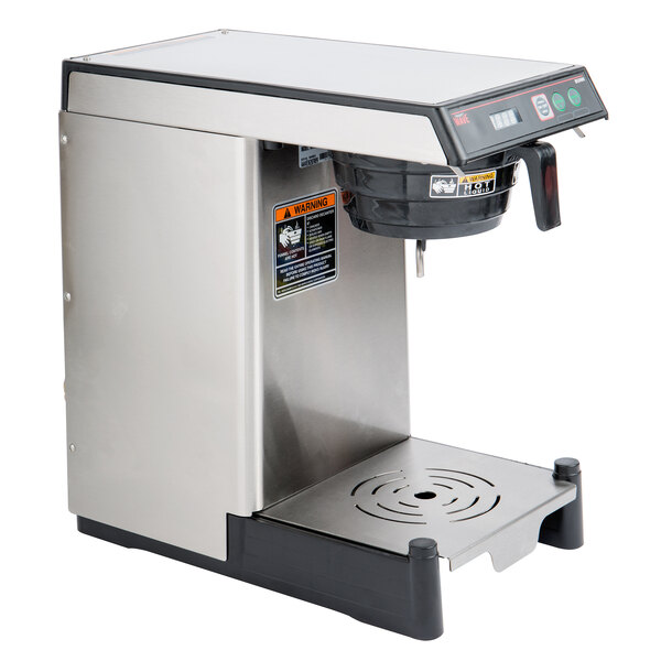 A silver and black Bunn SmartWAVE coffee and tea brewer on a stainless steel base.