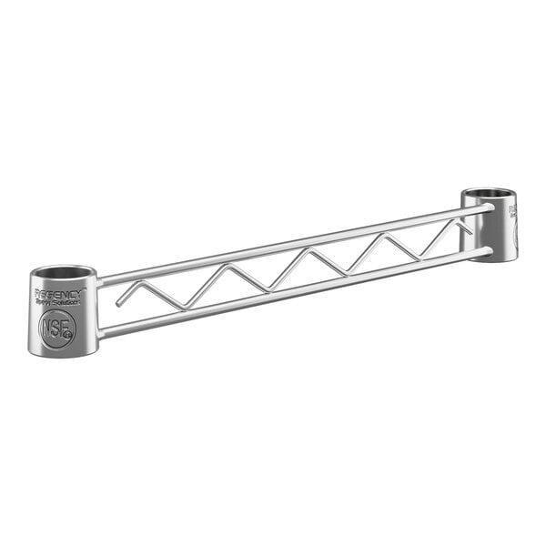 A chrome metal hanger rail with two holes.