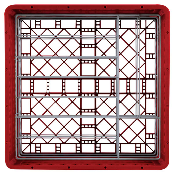 A red plastic Vollrath Traex plate crate with silver metal bars.