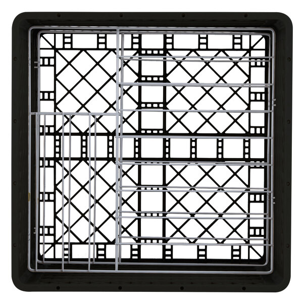 A black metal Vollrath Traex Plate Crate with a silver metal grid.