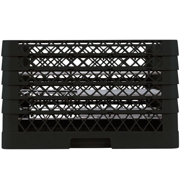 A black plastic Vollrath Traex plate rack with a grid pattern.