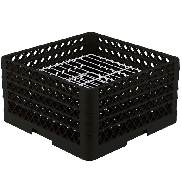 A black plastic Vollrath Traex Plate Crate with metal wire slots.