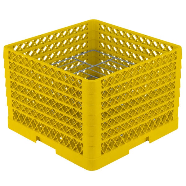 A yellow plastic Vollrath Traex plate rack with wire mesh.