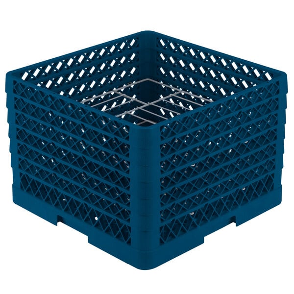 A blue plastic Vollrath Traex plate rack with metal rods.