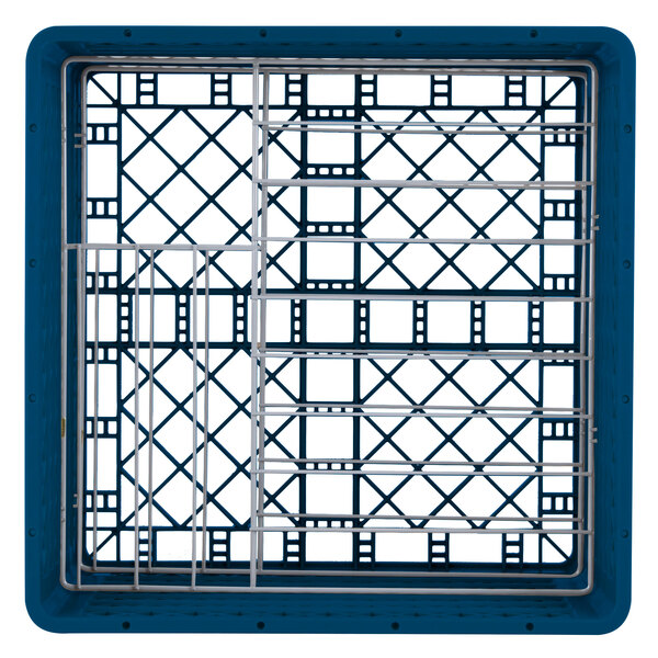 A royal blue plastic Vollrath Plate Crate with metal grids.
