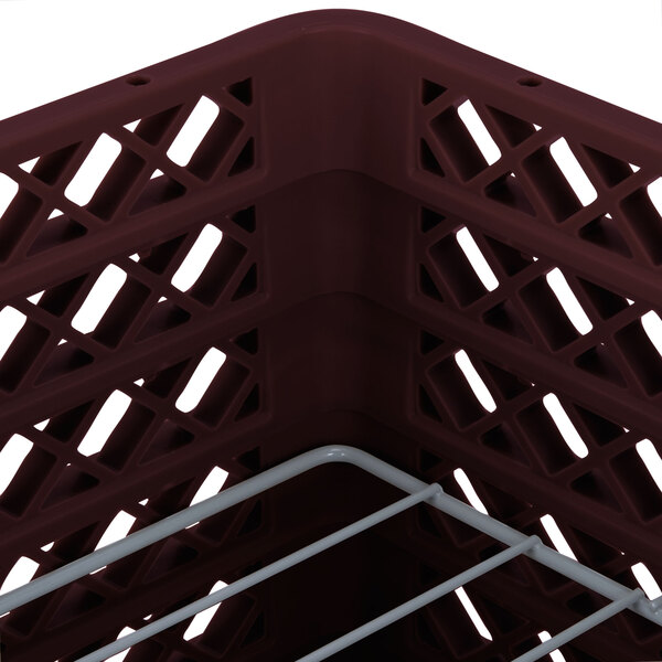 A burgundy Vollrath Plate Crate with metal grid.
