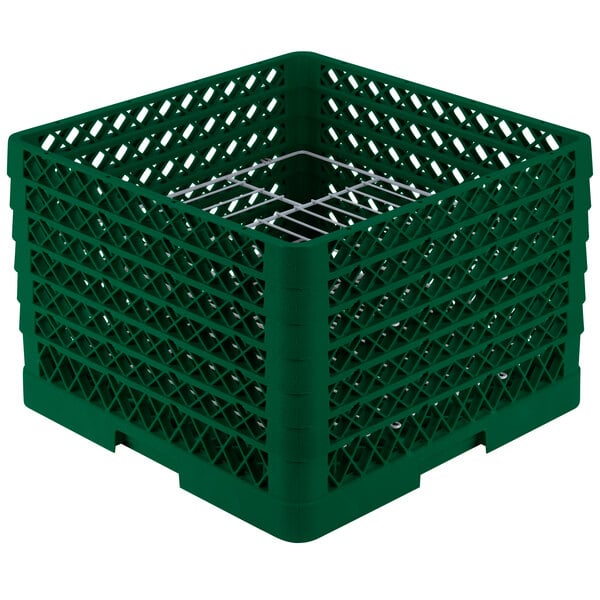 A green plastic Vollrath Traex plate rack with metal grates.