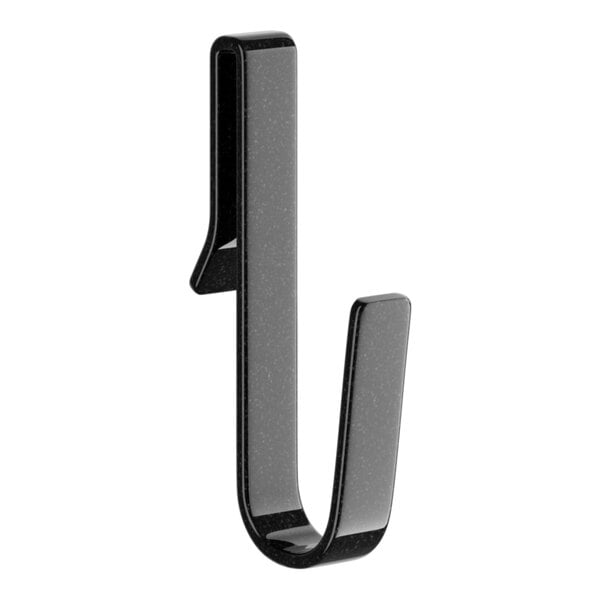 A black metal hook for wire shelving on a white background.