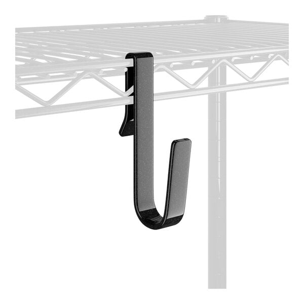 A black Regency snap-on J-hook on a wire shelf.