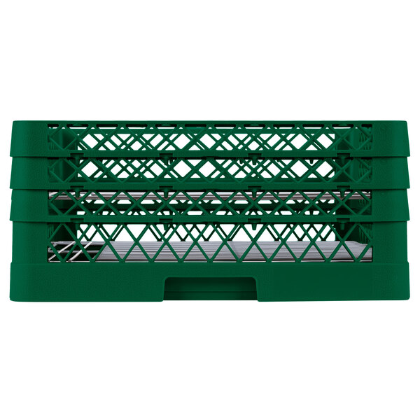 A close-up of a green plastic Vollrath Plate Crate.