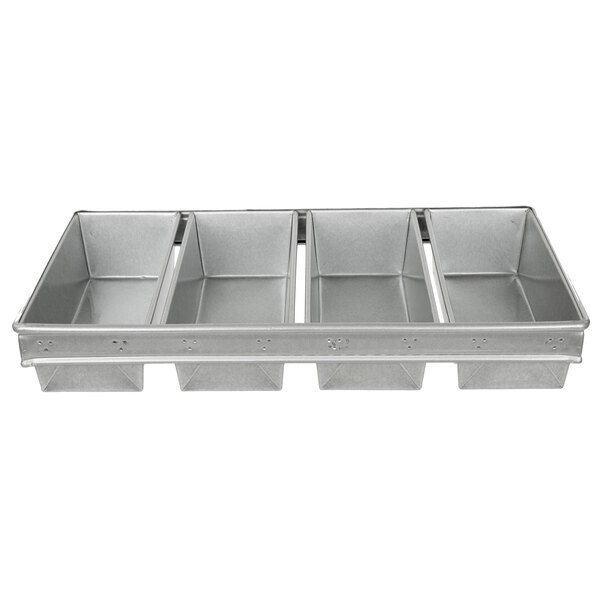 A Chicago Metallic metal rectangular bread loaf pan with four compartments.