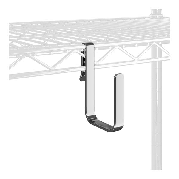 A chrome Regency J-Hook snapped onto a metal shelf.