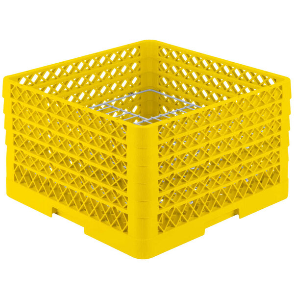 A yellow plastic Vollrath Traex Plate Crate with metal rods.