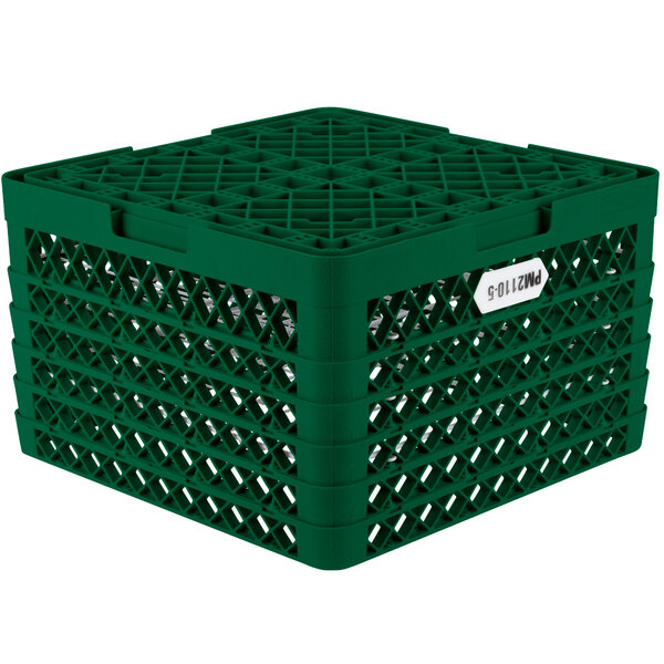 A green plastic Vollrath Traex plate rack with 21 compartments and holes.