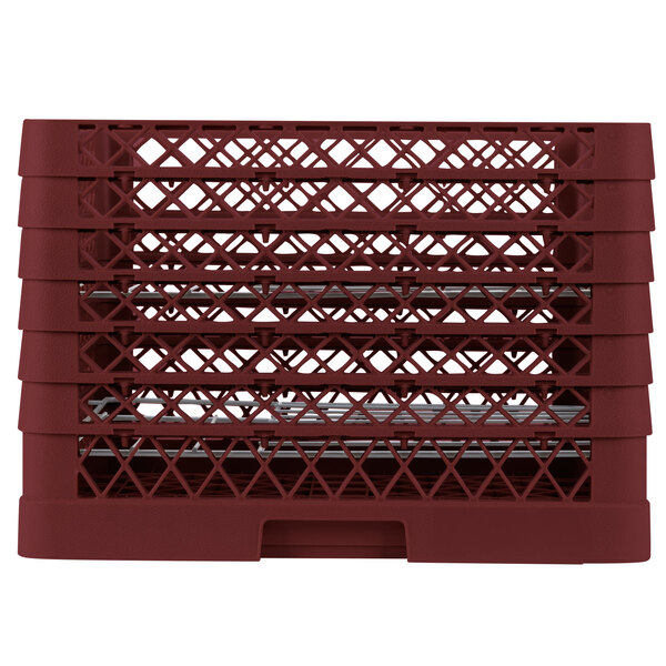 A red plastic Vollrath Traex Plate Crate with 12 compartments.