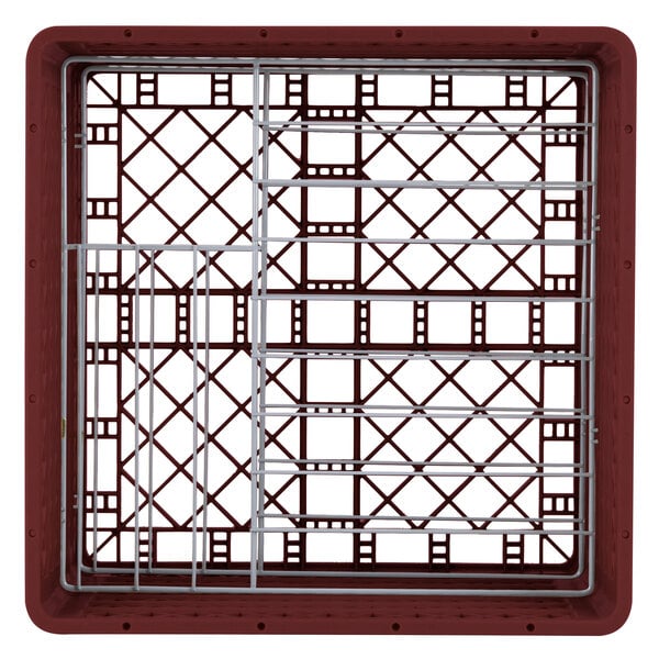 A red metal Vollrath plate rack with metal dividers.