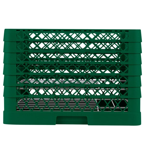 A close-up of a green plastic Vollrath Plate Crate with 9 compartments.