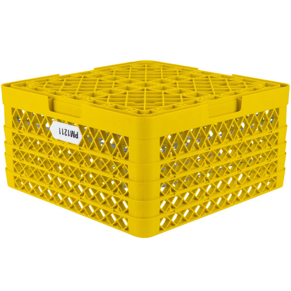 A yellow Vollrath Traex plate rack with a white label.