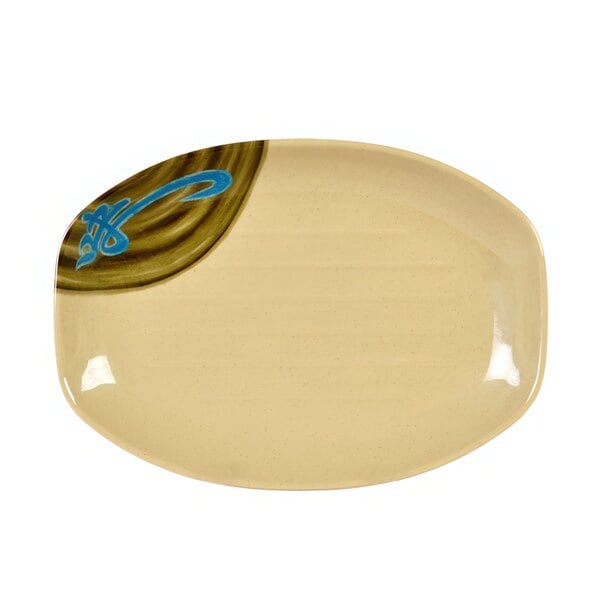 A beige oval Thunder Group melamine tray with a blue and green design.