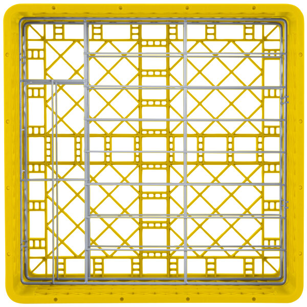 A yellow and silver plastic rack with a grid pattern.