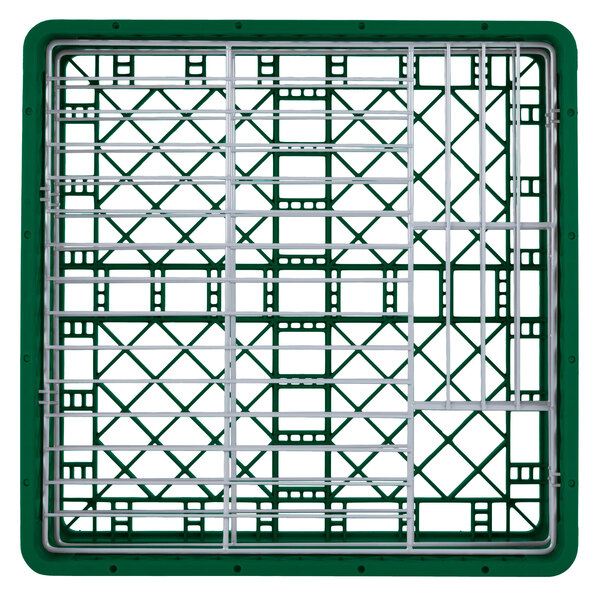 A green and white plastic Vollrath Traex Plate Crate with a metal grid inside.