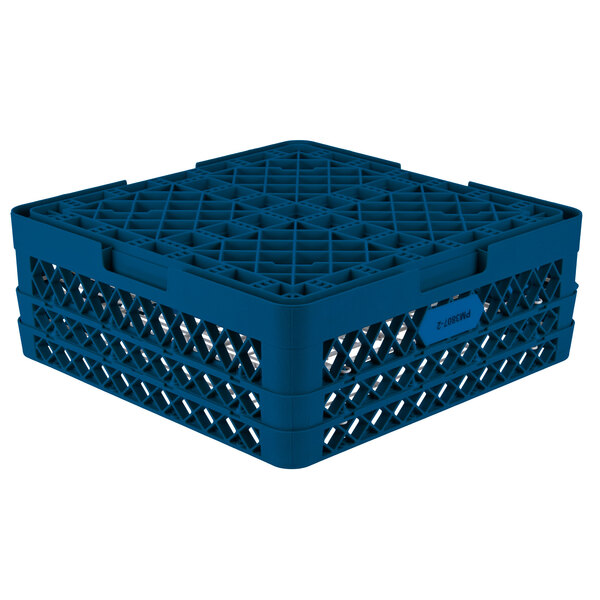 A blue plastic Vollrath Traex Plate Crate with holes.
