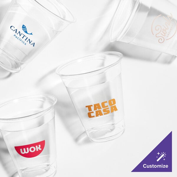 A group of clear Choice PET plastic cups with logos on them.