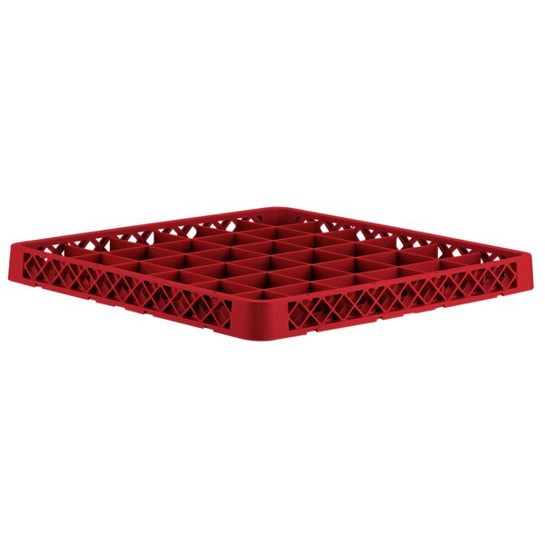 A red plastic Vollrath glass rack extender with a grid pattern and 36 compartments.