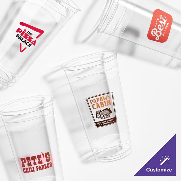 A group of clear Choice plastic cups with a red logo.