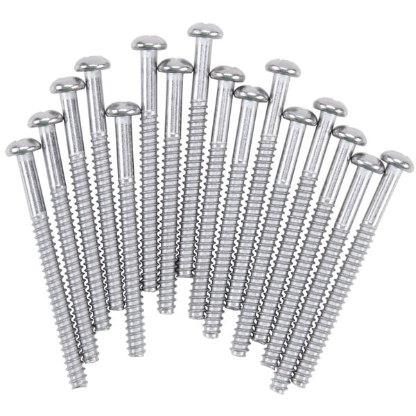 A row of Vollrath screws on a white surface.