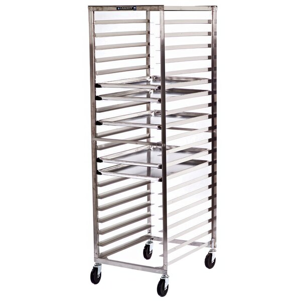A Lakeside stainless steel bun pan rack on wheels with shelves.