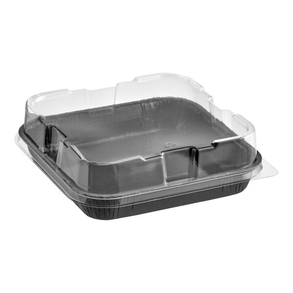 A black square oven-safe corrugated paperboard pan with a clear plastic lid.