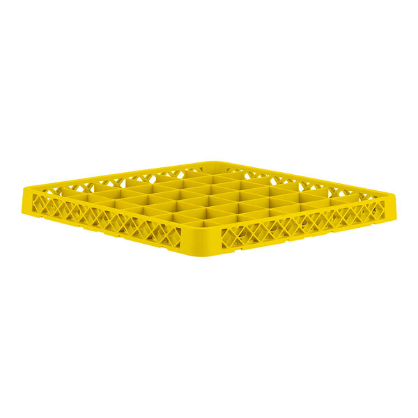 A yellow full-size plastic glass rack extender with 36 compartments.