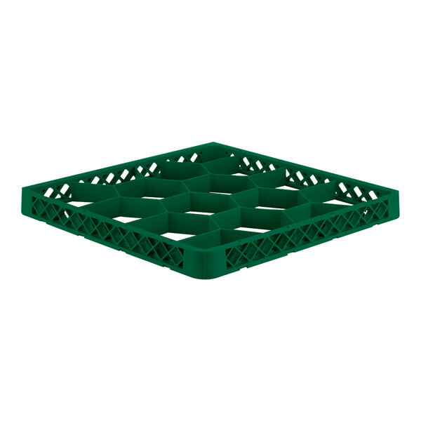 A green plastic full-size glass rack extender with 12 compartments.
