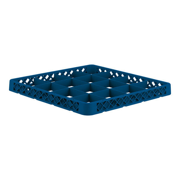 A blue plastic rack extender with 16 compartments for holding glassware.