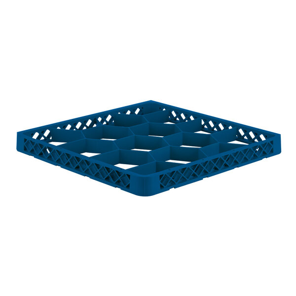A blue plastic glass rack extender with 12 compartments for organizing glassware.