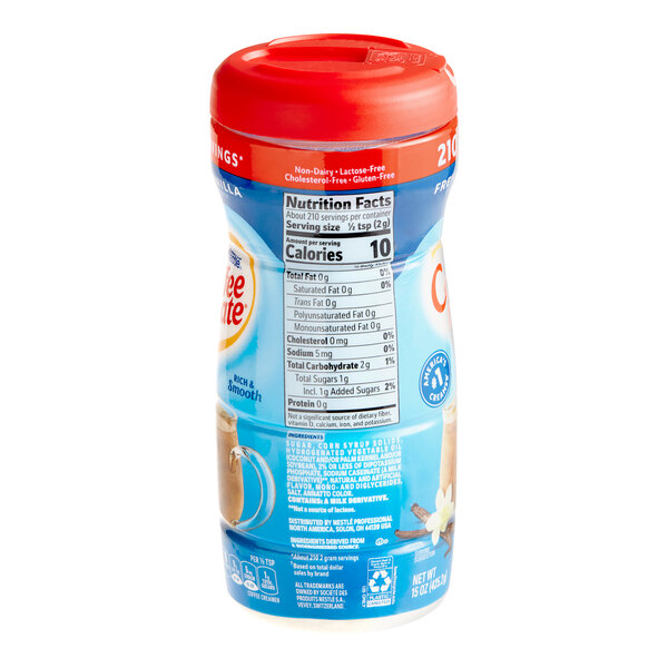 A close up of a Nestle Coffee-Mate French Vanilla non-dairy coffee creamer shaker container.