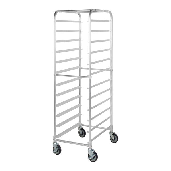 A metal 12-pan end load bun or sheet pan rack with wheels, shown unassembled.