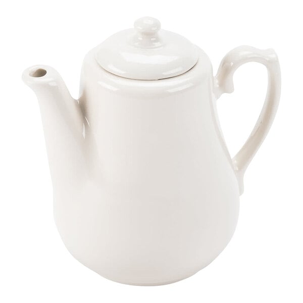 A white ceramic beverage server with a lid, featuring a curved spout and a handle.
