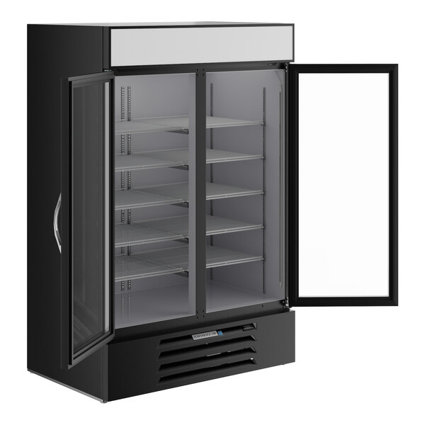 A Beverage-Air black refrigerated glass door merchandiser.