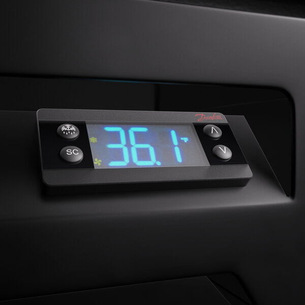 A Beverage-Air MarketMax refrigerated glass door merchandiser with a blue digital temperature display.