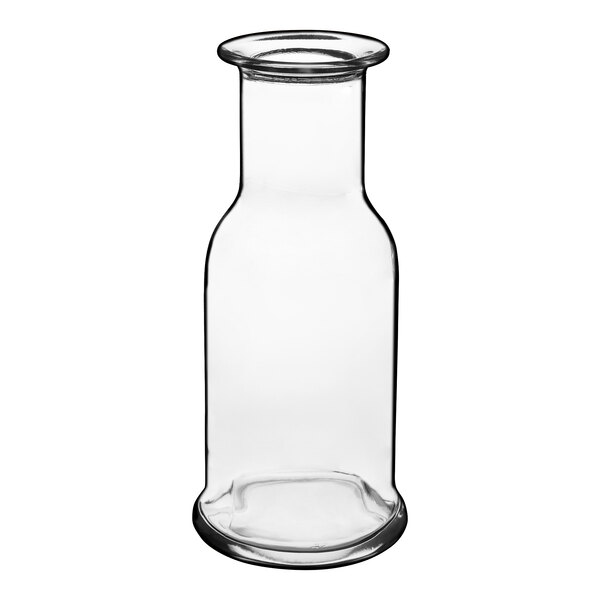 A clear glass carafe with a neck.