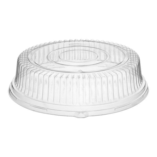 A clear plastic round catering tray high dome lid.