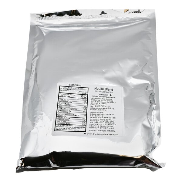 A silver bag of Malted Milk Powder with a label.