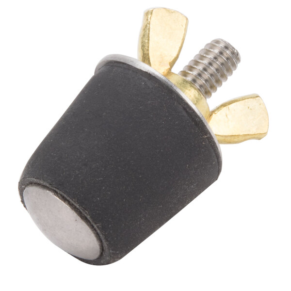 A black and gold metal screw with a screw head.