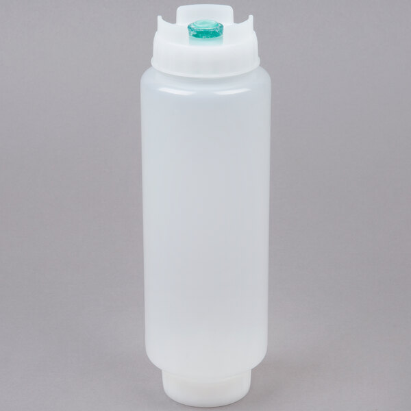 A white plastic squeeze bottle with a blue cap.