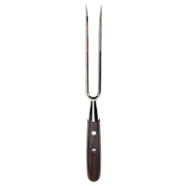 A Victorinox carving fork with a rosewood handle and metal tines.